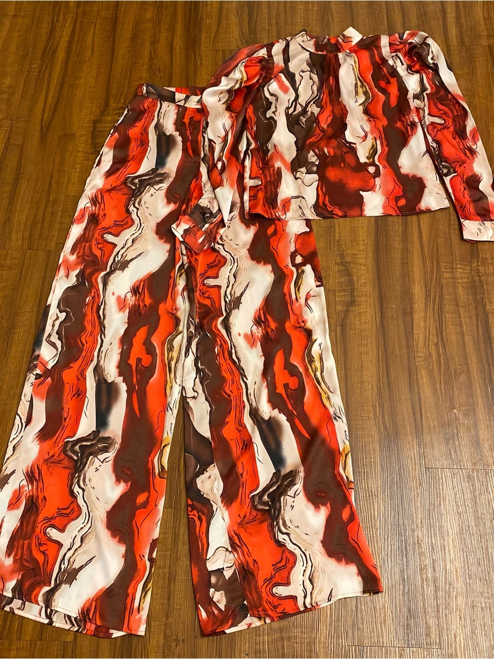 Women's Red Marble-Print Wide Leg Pants & Top Set
